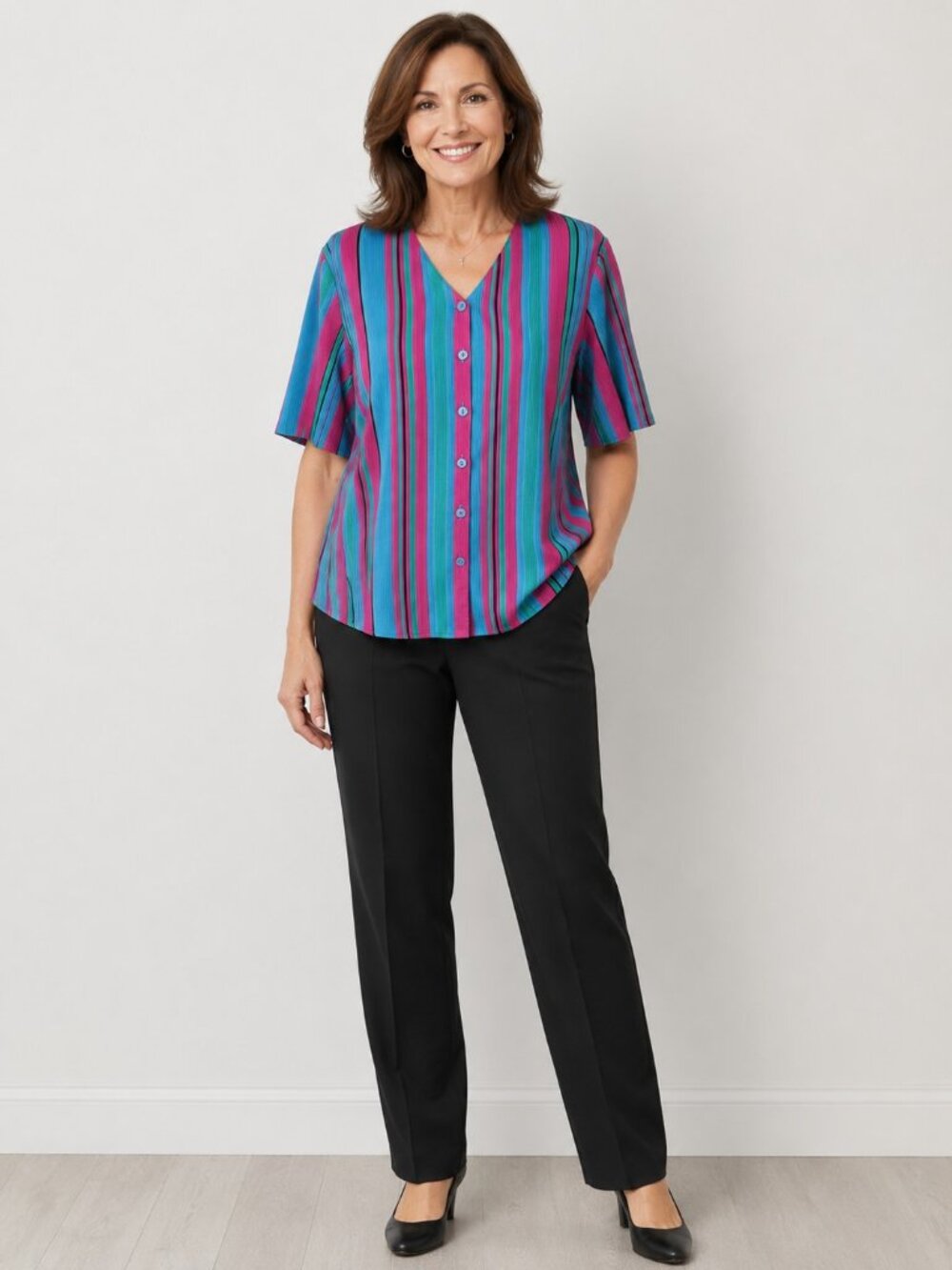 1980's nice vivid pink & Turquoise stripe top SHIPS FREE